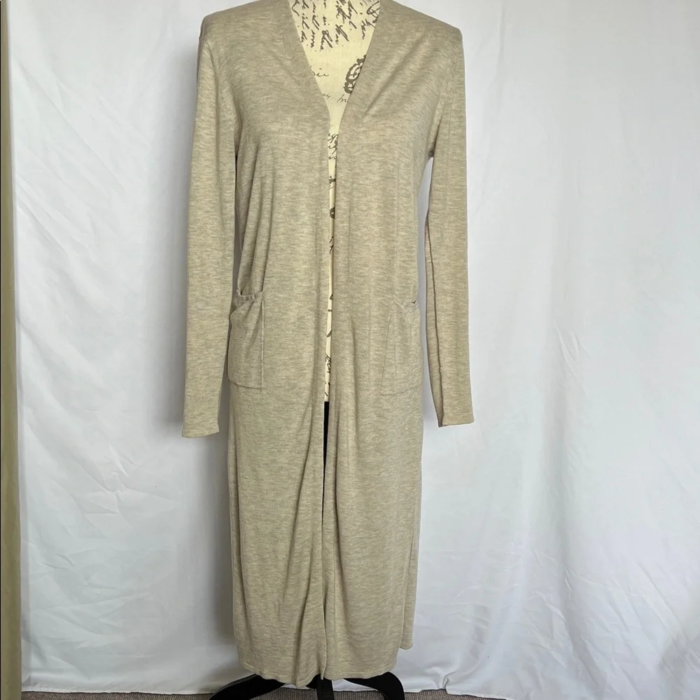 Long open tan cardigan with drop in pockets xs - Picture 2 of 8